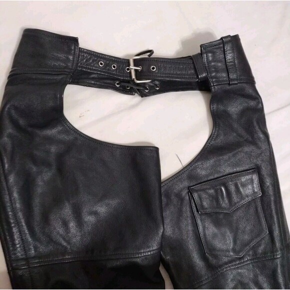 Vintage MOB Black Leather Biker Chaps Medium Unisex Y2K Punk Festival Edgy Rider - Picture 12 of 16